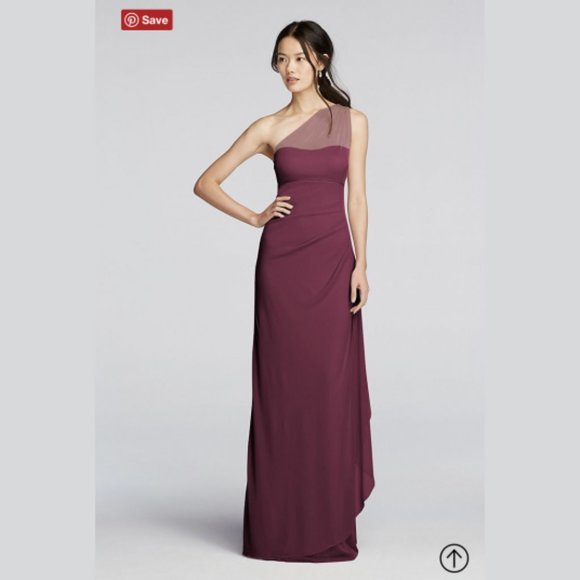Long Mesh One Shoulder Illusion Dress: Wine - Picture 1 of 13